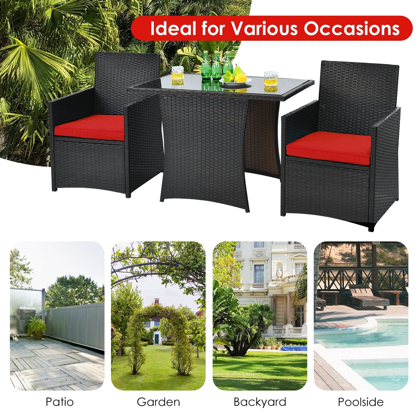 3 Piece Patio Rattan Furniture Set, Red Patio Conversation Sets at Gallery Canada