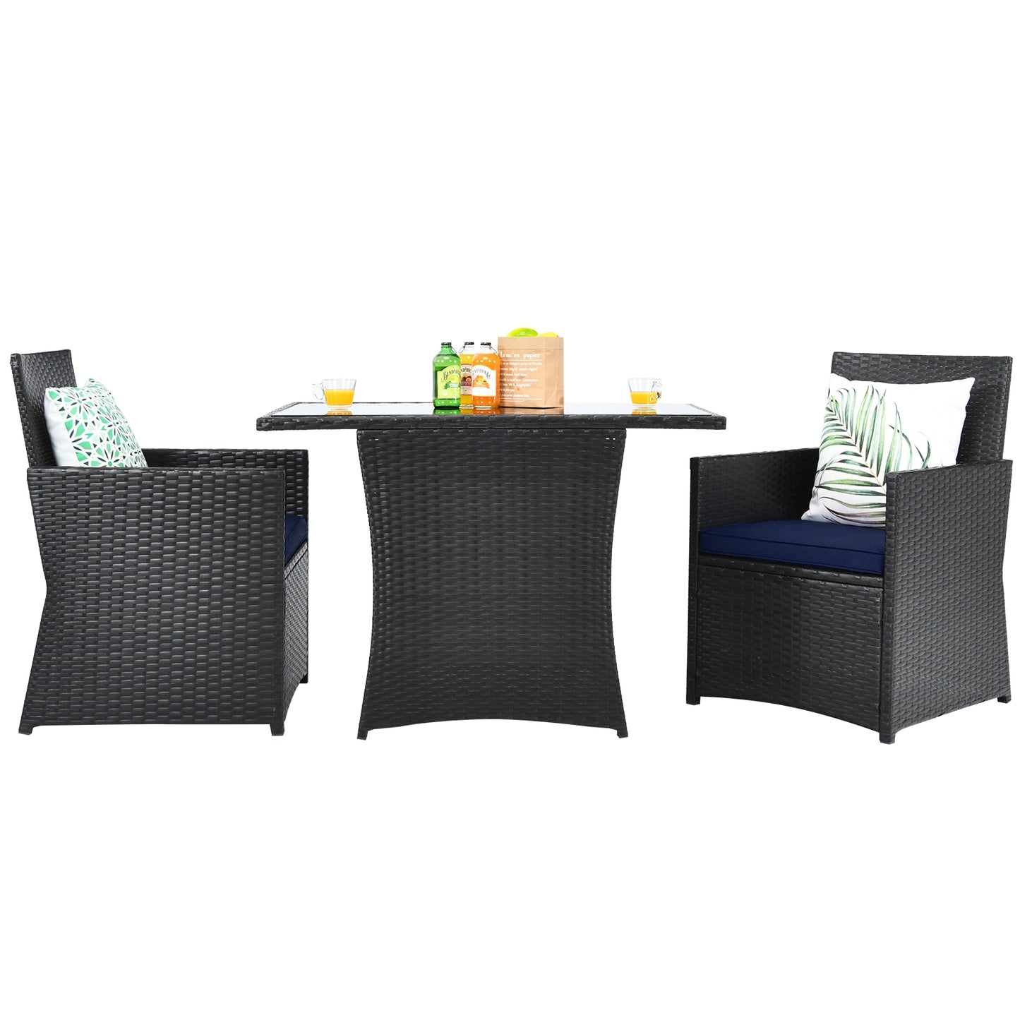 3 Piece Patio Rattan Furniture Set, With Cushion And Sofa Armrest, Navy Patio Conversation Sets at Gallery Canada