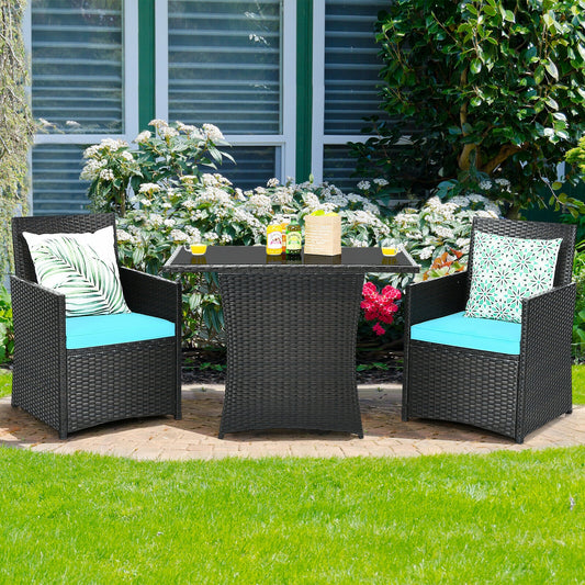 3 Pieces Patio Rattan Furniture Set with Cushion and Sofa Armrest, Turquoise Patio Conversation Sets Turquoise at Gallery Canada