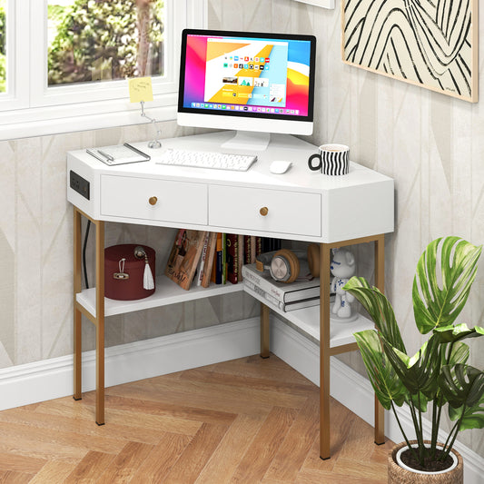 Triangle Corner Desk, Charging Station, 2 Drawers, Storage Shelf, White Corner Desks White at Gallery Canada