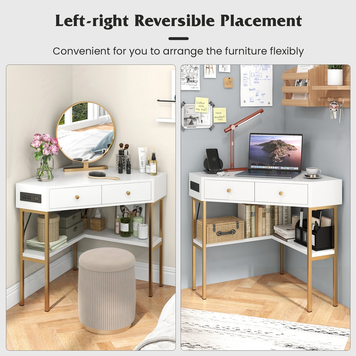 Triangle Corner Desk, Charging Station, 2 Drawers, Storage Shelf, White Corner Desks at Gallery Canada