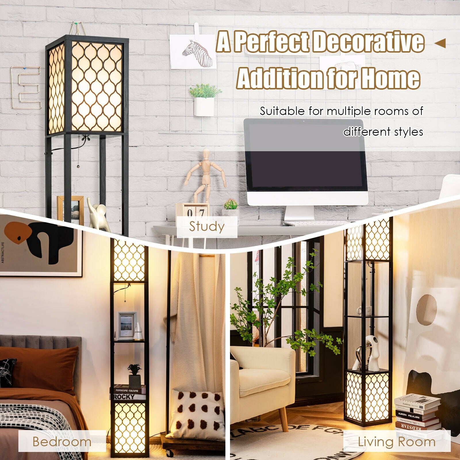 Modern Shelf Freestanding Floor Lamp with Double Lamp Pull Chain and Foot Switch, Black Table & Floor Lamps at Gallery Canada