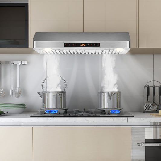 35.5/29.5 Inch Under Cabinet Range Hood, 900 CFM Kitchen Vent, 4 Fan Speed, Silver