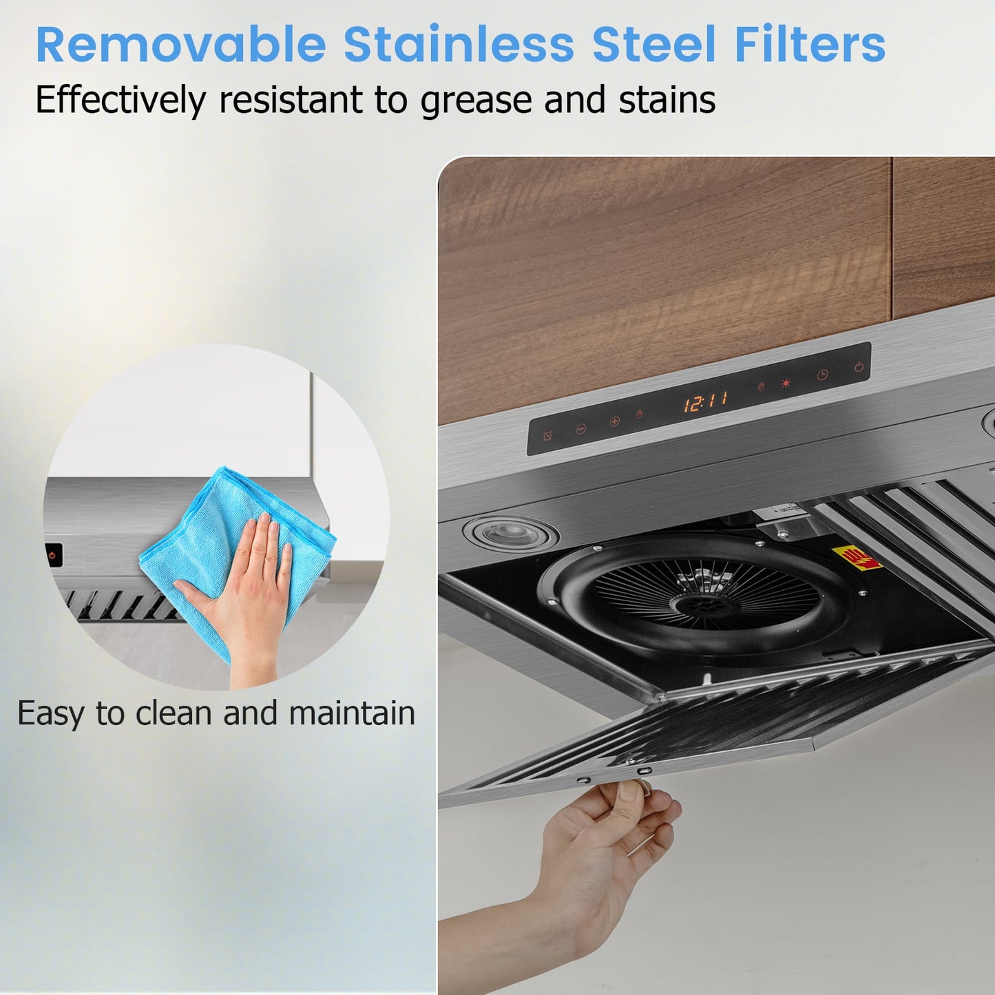 35.5/29.5 Inch Under Cabinet Range Hood, 900 CFM Kitchen Vent, 4 Fan Speed, Silver