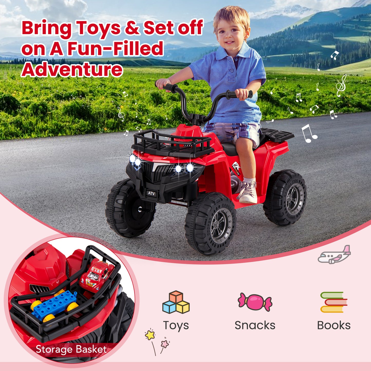 6V Kids Ride On Electric ATV with LED Headlights and MP3 Player, Red Powered Ride On Toys at Gallery Canada