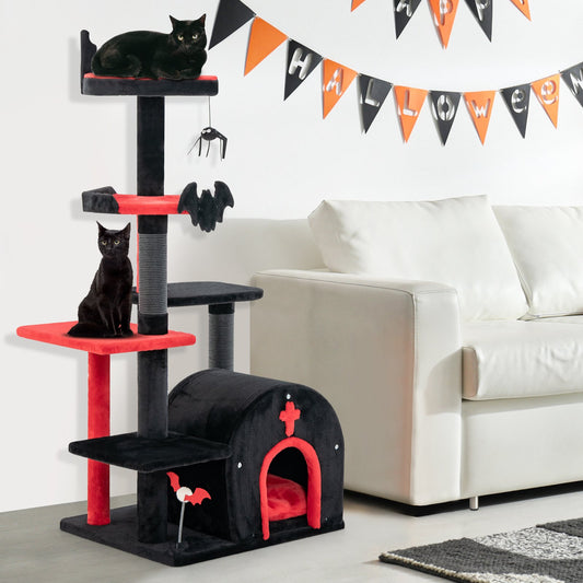 Gothic Cat Tree 53 Inch Tall Cat Tower with Cat Bed and Arch-Shaped Condo, Black Cat Trees Condos & Scratchers Black at Gallery Canada