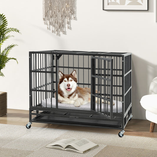 38 Inch Foldable Metal Dog Cage With Lockable Casters And Tray, Black Dog Kennels Black at Gallery Canada