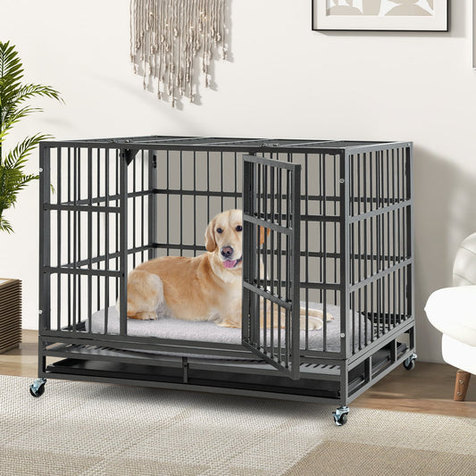 48 Inch Foldable Metal Dog Cage, With Lockable Casters And Tray, Black