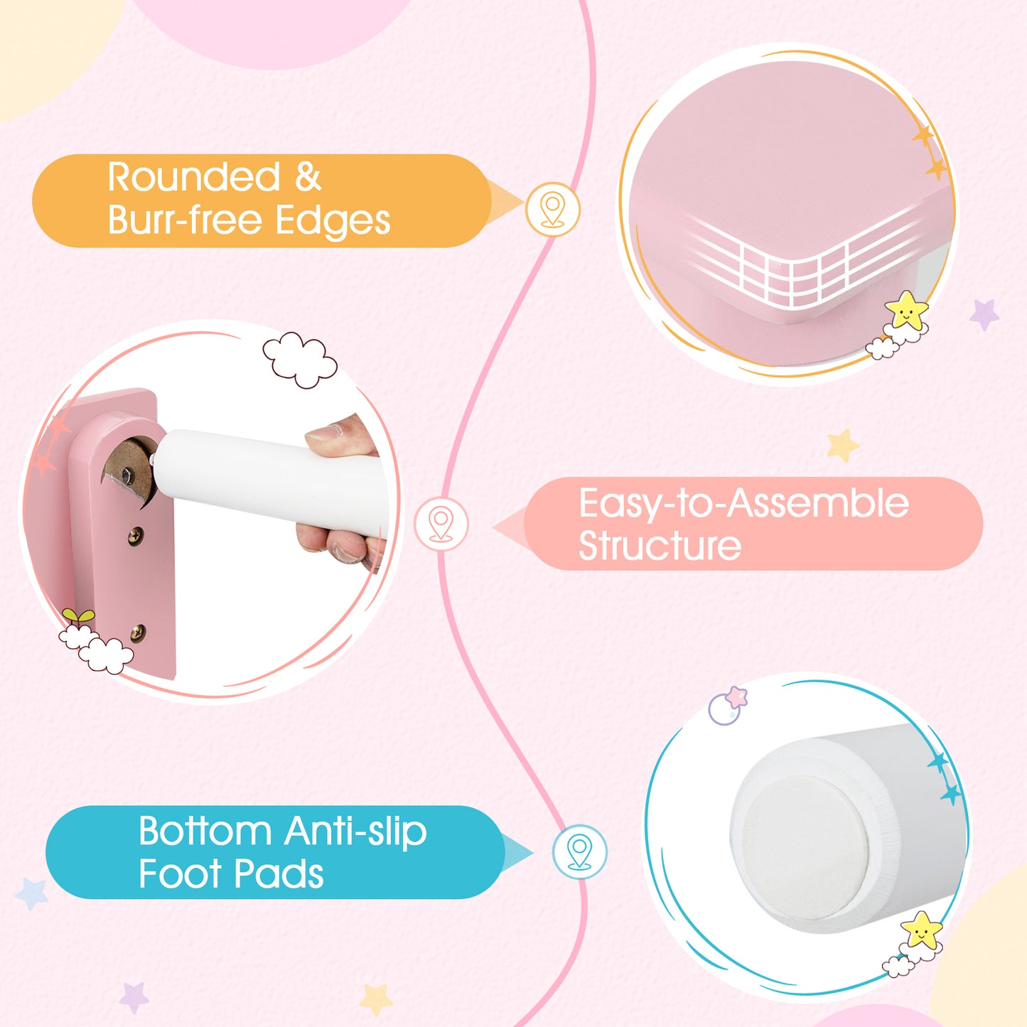 Kids Wood Table And Chair Set With Mesh Storage, Pink