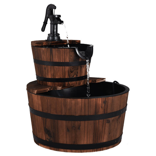2-Tiers Outdoor Wooden Barrel Waterfall Fountain with Pump, Brown