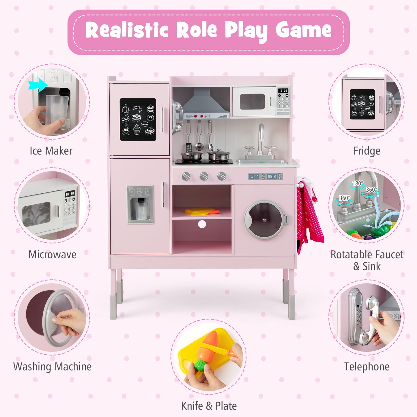 Wooden Pretend Play Kitchen for Kids with 16 Pieces Accessories, Pink Play Kitchen Sets at Gallery Canada