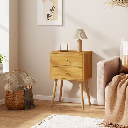 Mid-Century Modern Nightstand, 2 Drawers, Natural Nightstands Natural at Gallery Canada