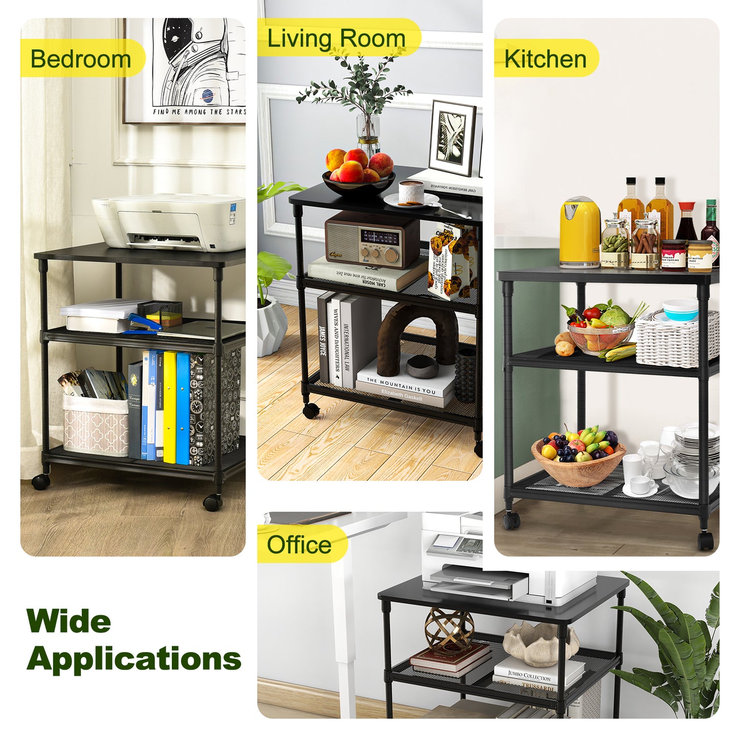 3 Tier Printer Stand, Rolling Fax Cart, Adjustable Shelf, Swivel Wheels, Black Laptop Tables & Printer Stands at Gallery Canada