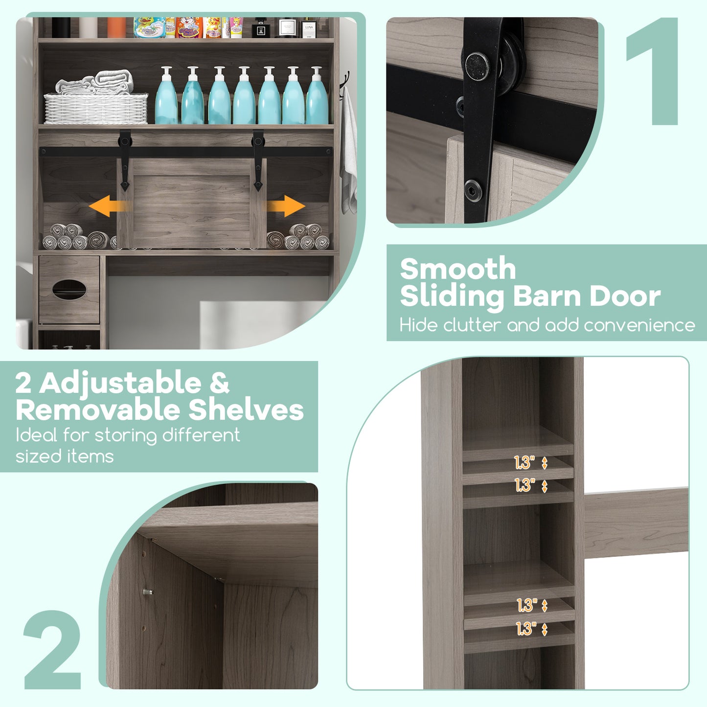 Over The Toilet Storage Cabinet With Sliding Barn Door, Adjustable Shelves, Gray Bathroom Etagere at Gallery Canada