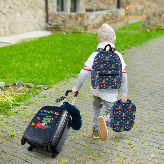 Ensemble de Bagages pour Enfants 5 Pièces, Sac à Dos Coussin de Cou Étiquette Nom Sac à Déjeuner, Bleu Foncé