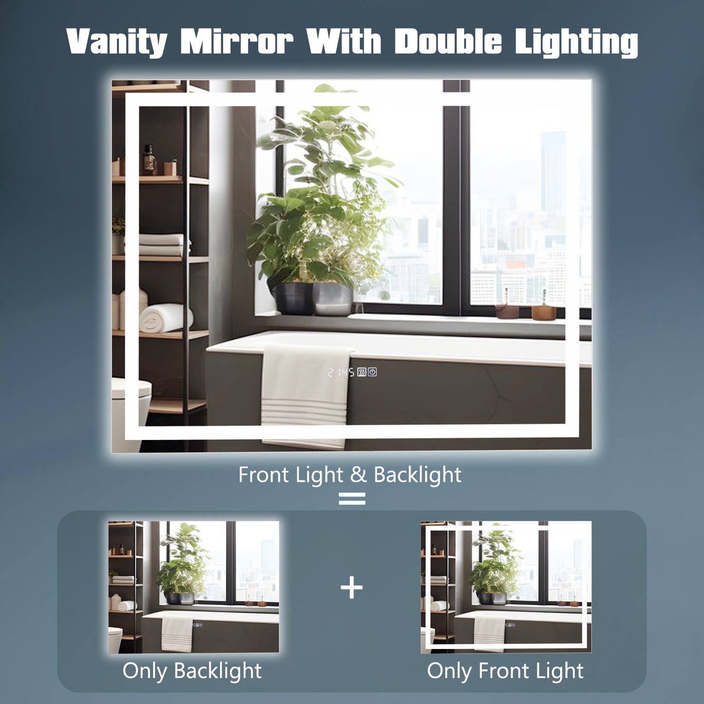 LED Bathroom Mirror, Wall Mounted, Rectangle, 3-Color Dimmable Lights, M, White