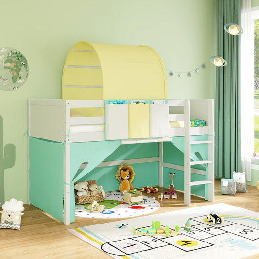 Twin Size Loft Bed Playhouse, Tower Tent, 3 Storage Pockets, Turquoise Bunk Bed Frame Turquoise at Gallery Canada