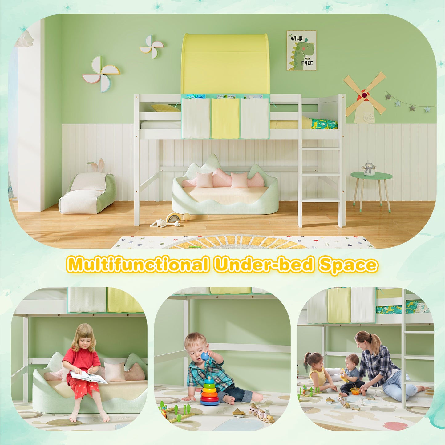 Twin Size Loft Bed Playhouse Bed Frame with Tower Tent and 3 Storage Pockets, Turquoise Bunk Bed Frame at Gallery Canada