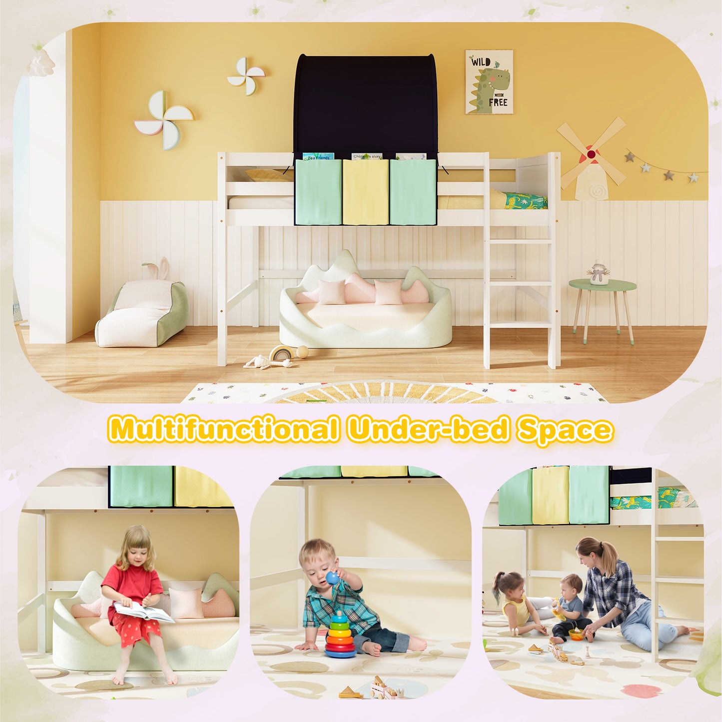 Twin Size Loft Bed Playhouse Bed Frame with Tower Tent and 3 Storage Pockets, Navy Bunk Bed Frame at Gallery Canada