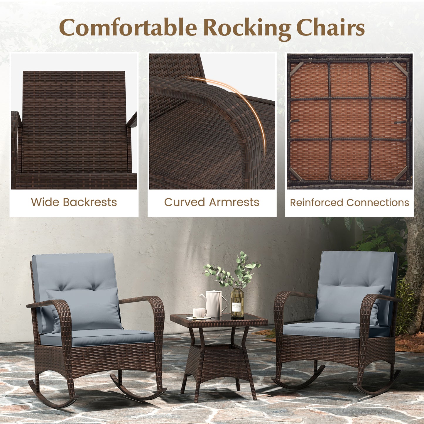 3 Piece Outdoor Rocking Set, Tempered Glass Coffee Table, Gray Patio Conversation Sets at Gallery Canada