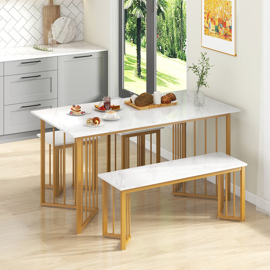 4 Piece Dining Table Set with Bench and 2 Stools, White Dining Room Sets White at Gallery Canada