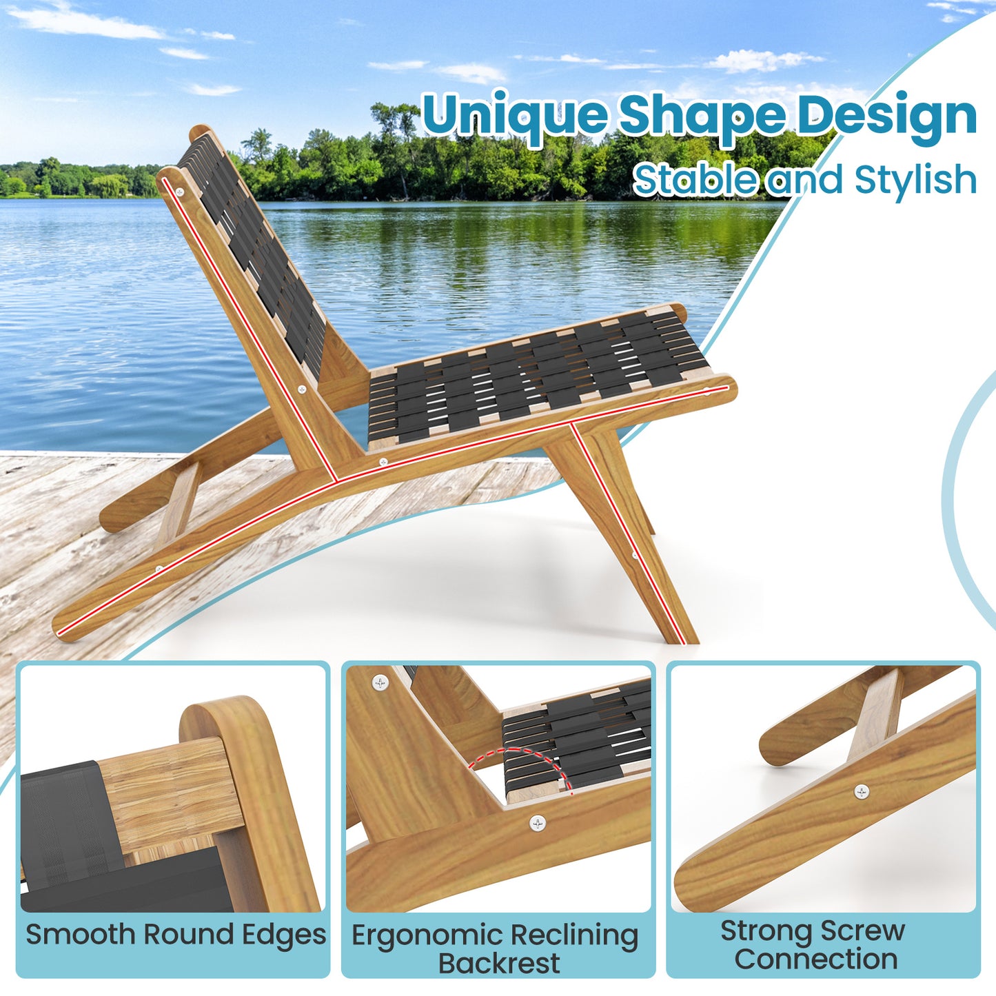 Indoor Patio Teak Wooden Chair with Woven Webbing Seat and Backrest, Natural & Black Patio Dining Chairs at Gallery Canada