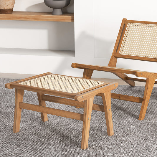 Natural Teak Wooden Foot Rest, Handwoven Rattan, Natural Ottomans Natural at Gallery Canada