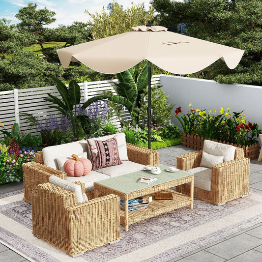 9 FT Patio Umbrella, Crank Handle, Push Button Tilt, Beige Outdoor Umbrellas Beige at Gallery Canada