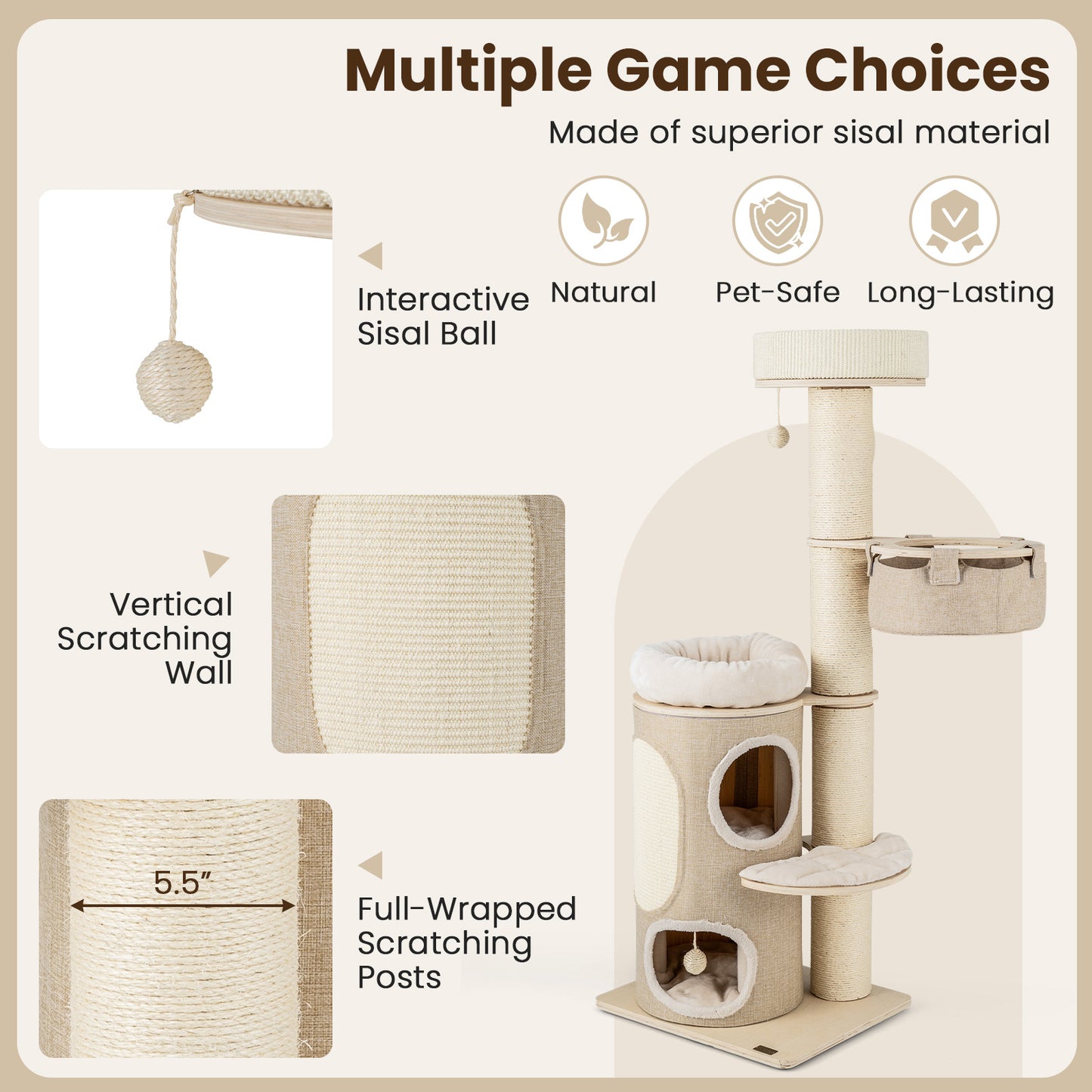 61 Inches Cat Tree for Indoor Cats with 2-stoery Condo and Top Perch, Natural Cat Trees Condos & Scratchers at Gallery Canada