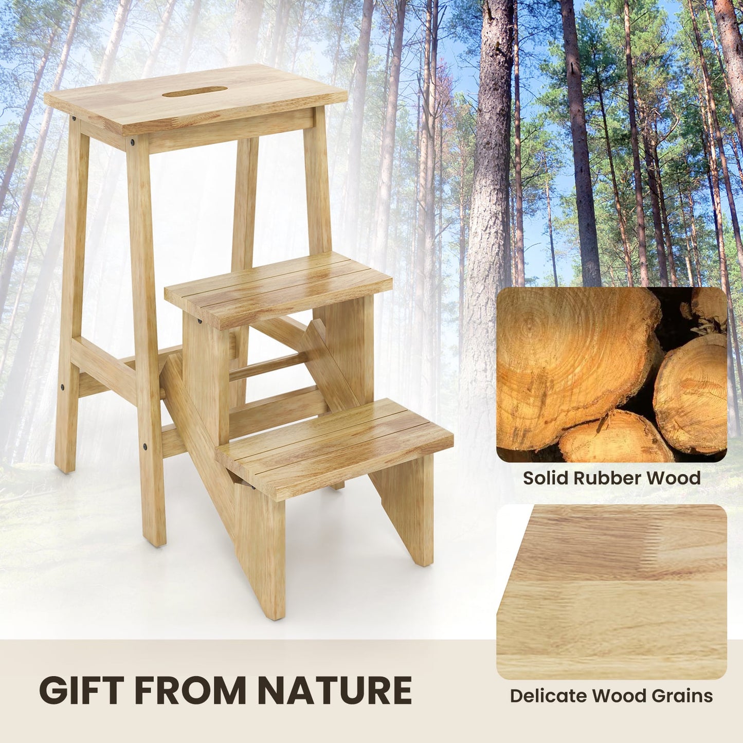 3-In-1 Rubber Wood Step Stool, Natural Kitchen Utensils at Gallery Canada