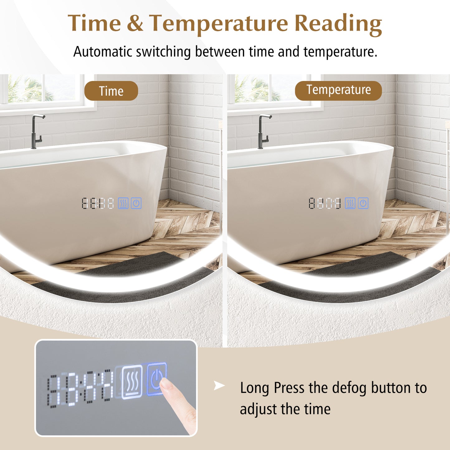 24 Inch Anti-Fog Bathroom Mirror, LED Lights, Temperature Display Wall Mirrors at Gallery Canada