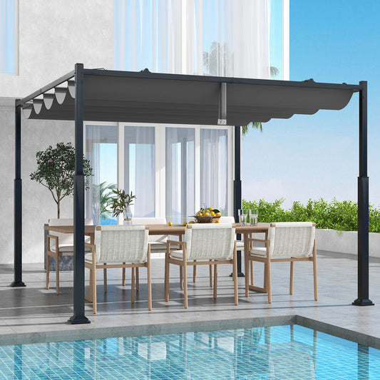 10 x 10 Feet Outdoor Pergola, Retractable Canopy, Metal Columns, Gray Gazebos Gray at Gallery Canada