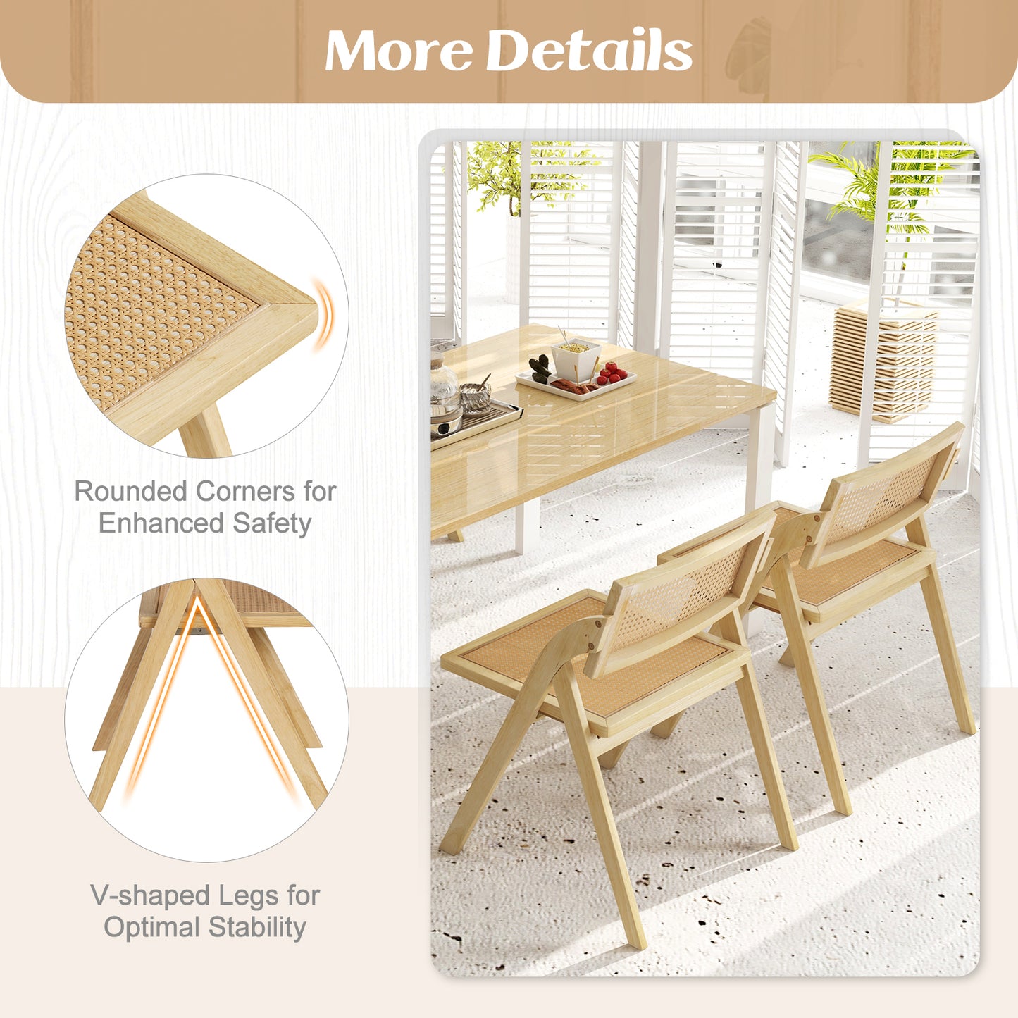 Foldable Dining Chairs Set Of 2, Woven Rattan Backrest, Natural Dining Chairs at Gallery Canada