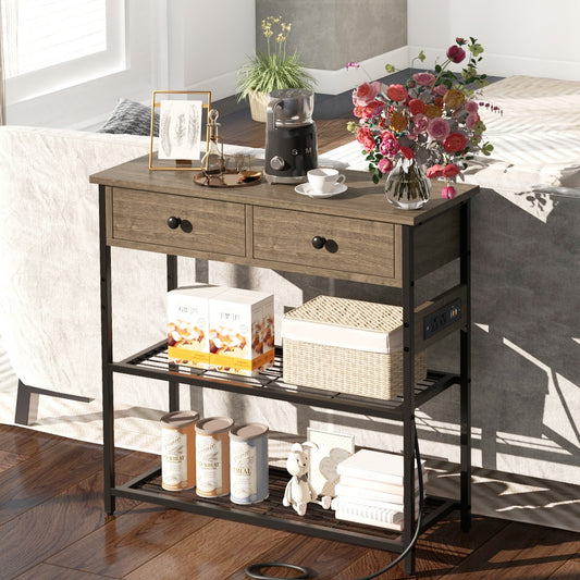 Narrow Console Table, 2 Drawers, 2 Metal Mesh Shelves, Gray Console Tables Gray at Gallery Canada
