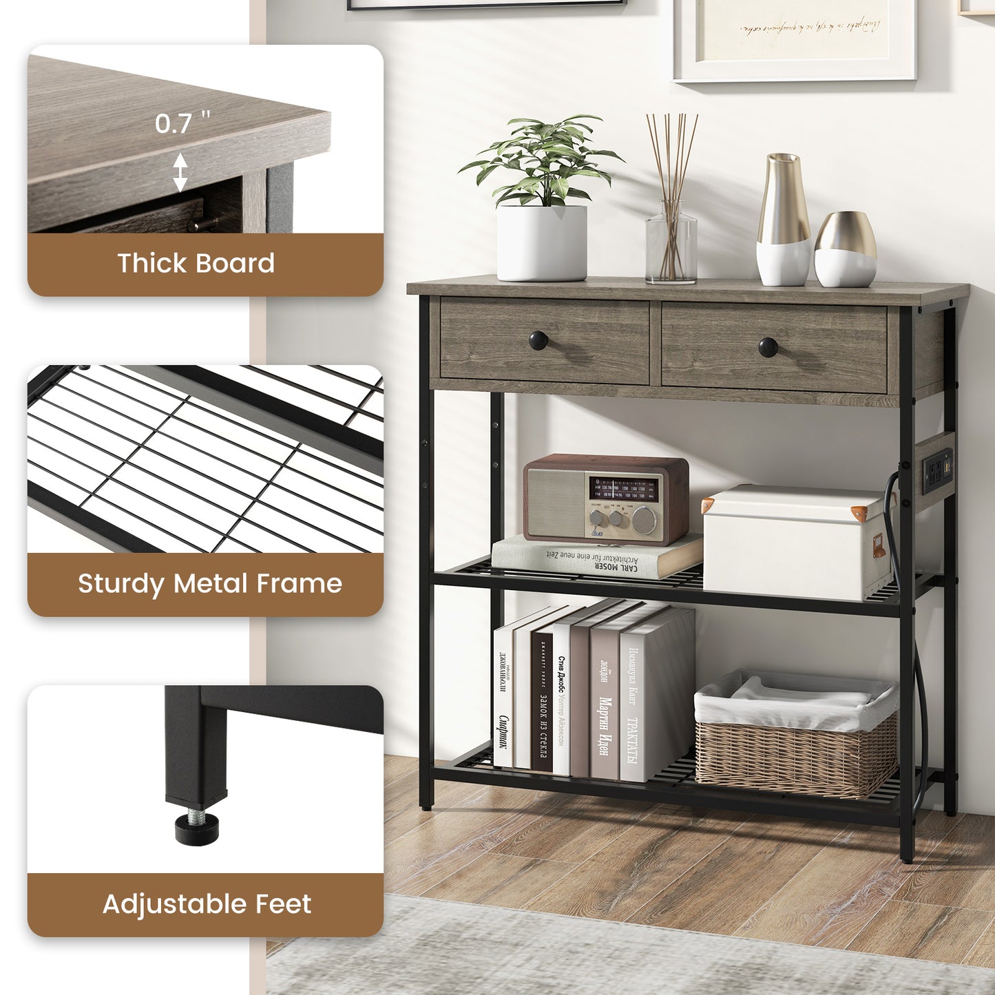 Narrow Console Table with 2 Drawers and 2 Metal Mesh Shelves, Gray Console Tables at Gallery Canada