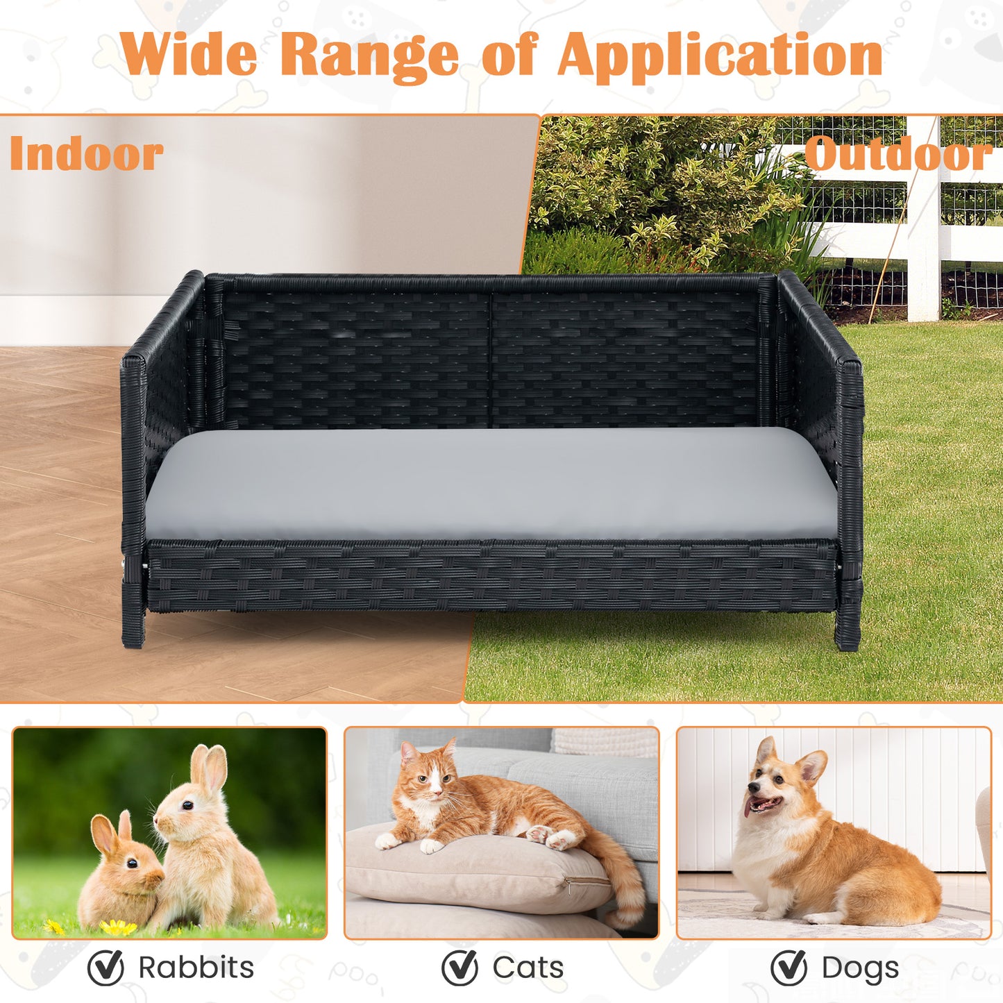 Rattan Dog Bed with Waterproof Soft Cushion for Medium Small Dogs Cats, Gray Dog Supplies at Gallery Canada