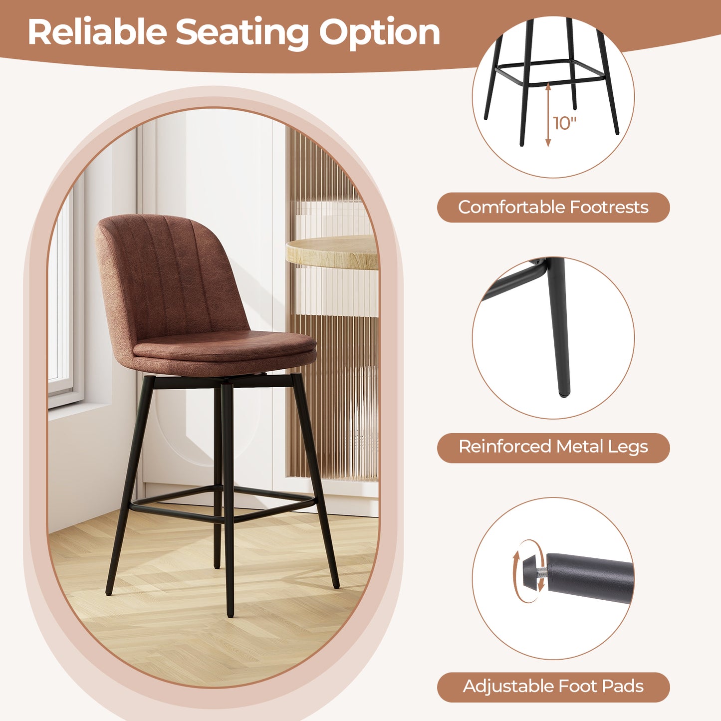 27 Inch Swivel Bar Stool Set of 2 Counter Height Chair with Padded Seat-Black and Brown, Brown Bar Stools at Gallery Canada