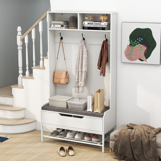 69 Inch Tall Hall Tree, 4-in-1 Coat Rack With Seat Cushion, Shoe Storage, White Coat Racks & Hall Trees White at Gallery Canada