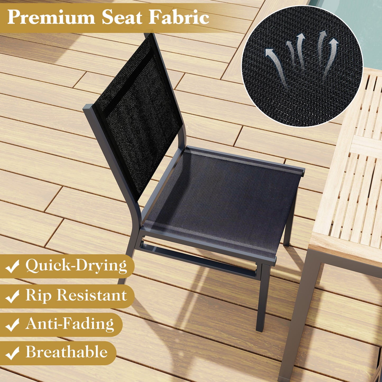 Chaises de salle à manger extérieures, siège et dossier respirants, lot de 2, noir
