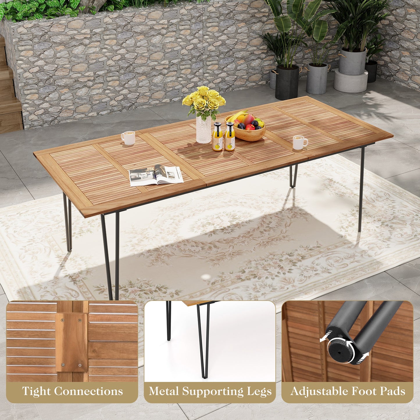 86.5 Inch Rectangular Patio Dining Table For 8, Acacia Wood Tabletop, Umbrella Hole, Natural, Black Patio Dining Tables at Gallery Canada