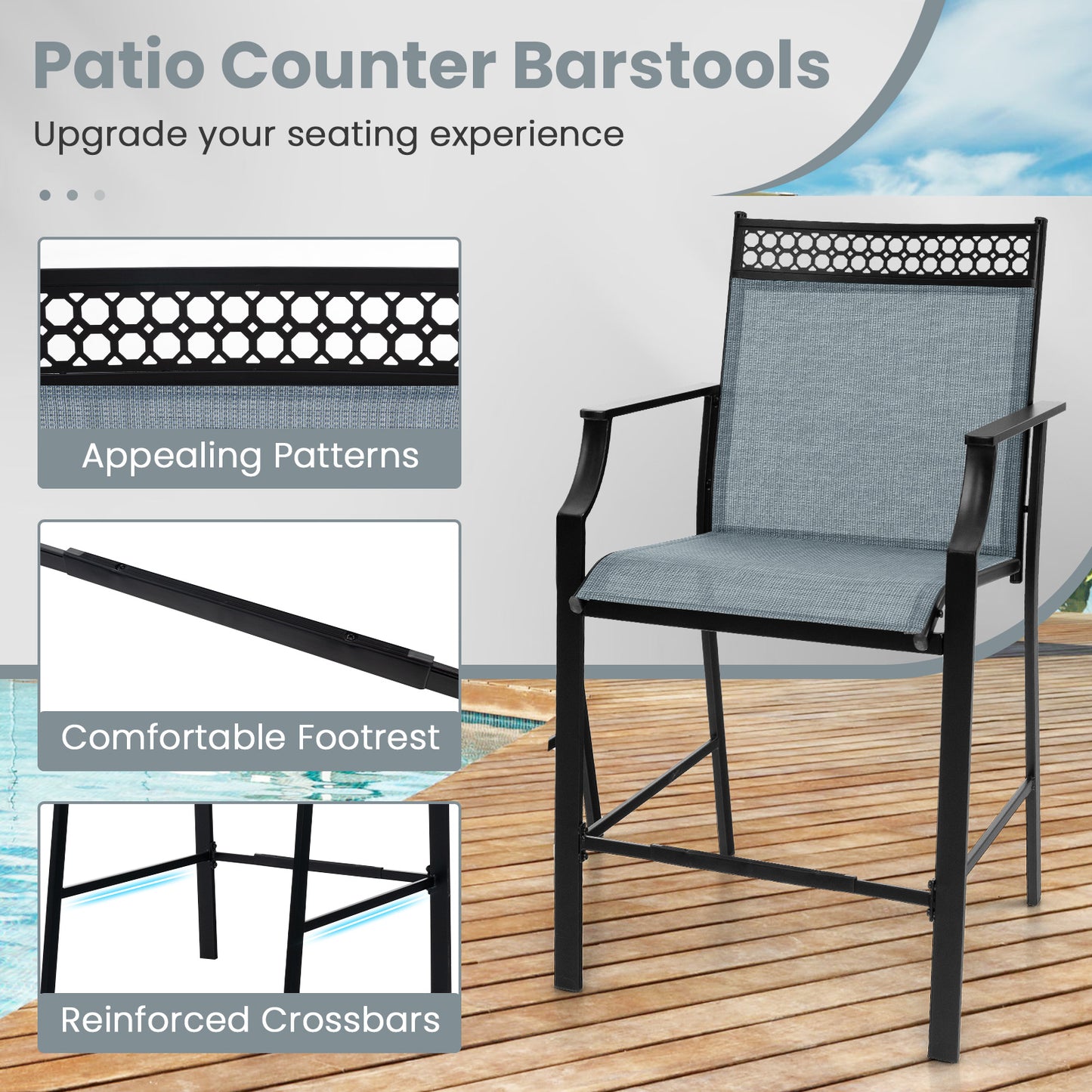 Outdoor Counter Stools Set of 2 Heavy-Duty Barstools with Footrest and Armrests, Blue Patio Bar Furniture at Gallery Canada