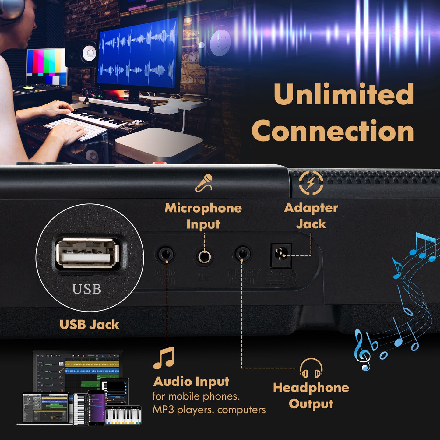 61-Key Portable Electronic Keyboard Piano with Stand and Stool, Black Pianos & Keyboards at Gallery Canada