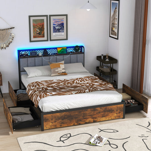 Queen Bed Frame With LED Lights, Upholstered Headboard, 4 Storage Drawers Simple Bed Frame Options at Gallery Canada