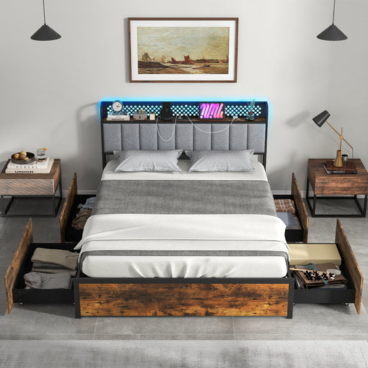 Twin/Full/Queen Bed Frame with LED Lights Upholstered Headboard and 4 Storage Drawers-Full Size Simple Bed Frame Rustic Brown at Gallery Canada