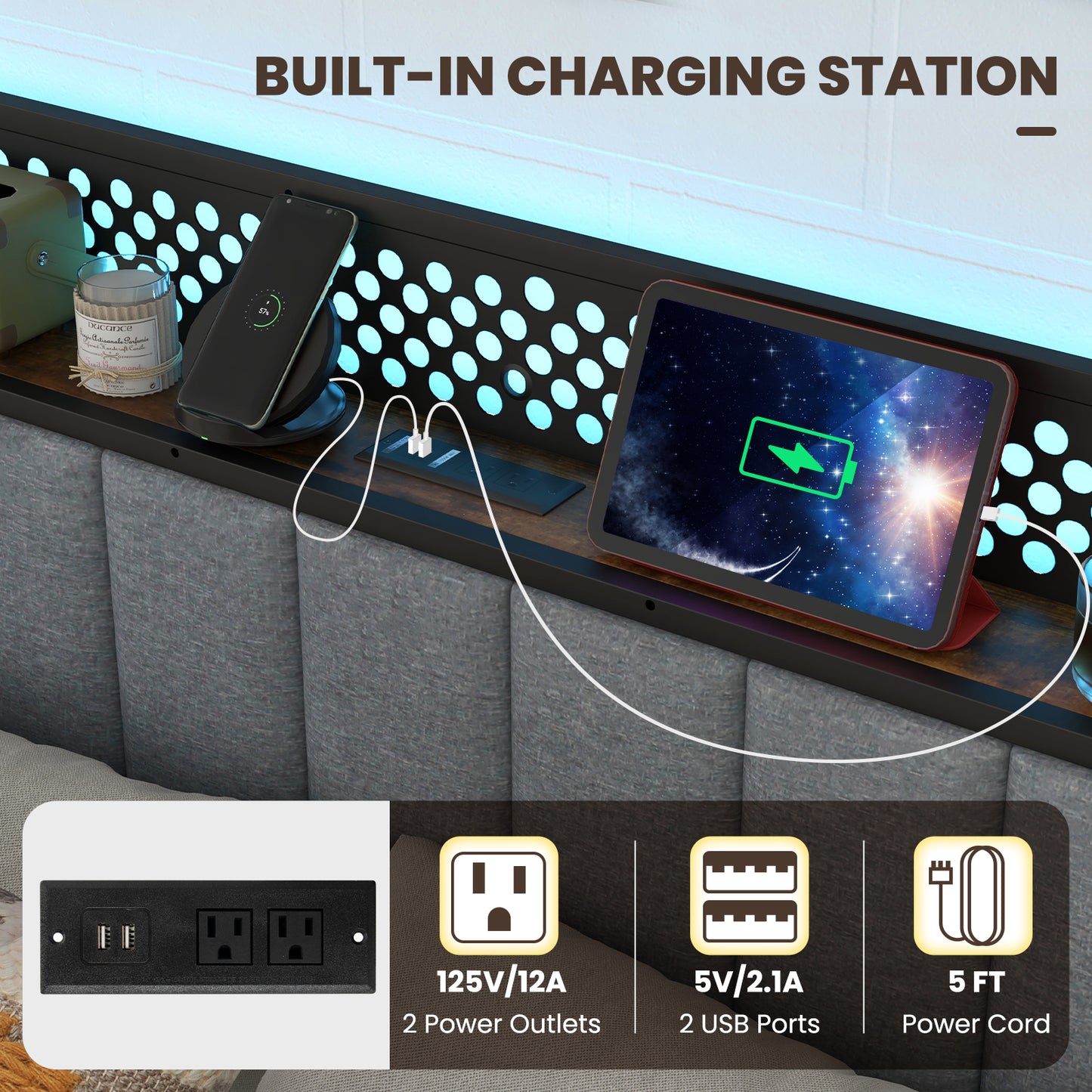 Twin/Full/Queen Bed Frame with LED Lights Upholstered Headboard and 4 Storage Drawers-Full Size Simple Bed Frame at Gallery Canada