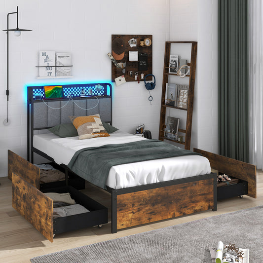 Twin Bed Frame With LED Lights, Upholstered Headboard, 4 Storage Drawers Simple Bed Frame Options at Gallery Canada