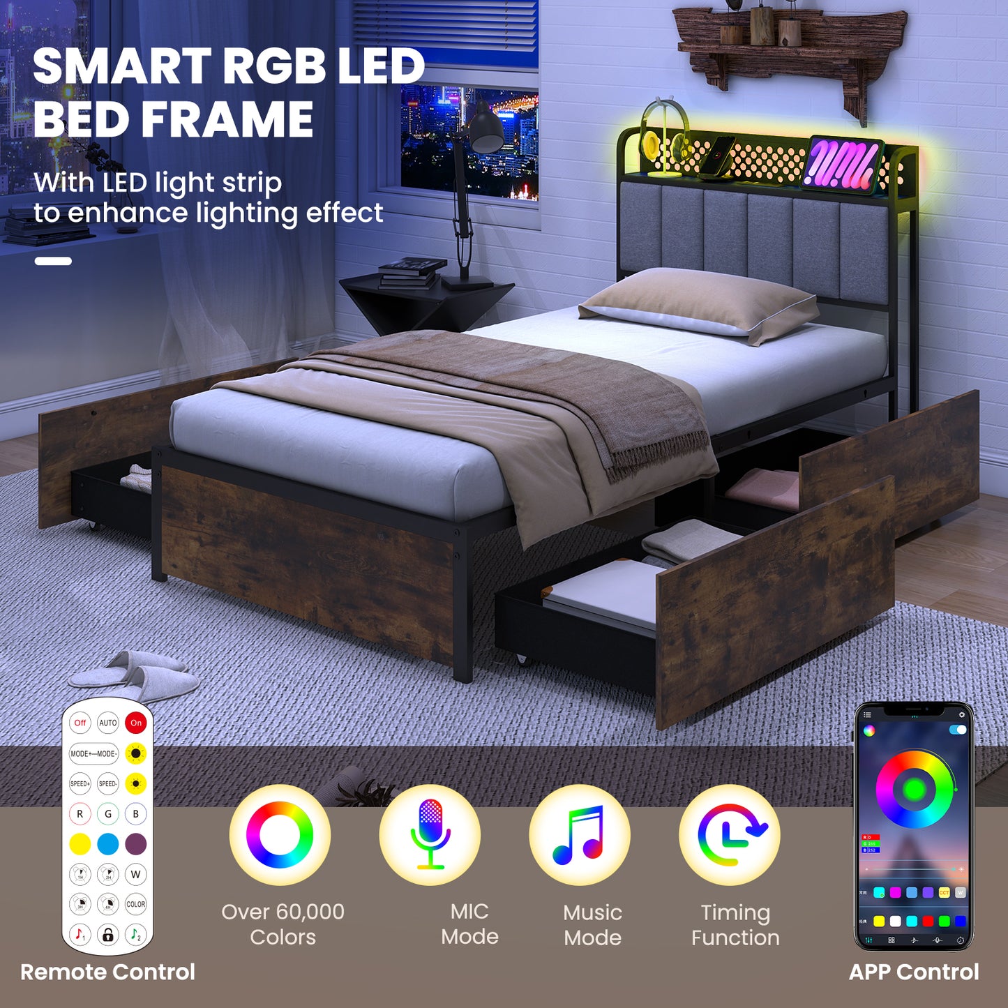 Cadre de lit jumeau avec lumières LED, tête de lit rembourrée, 4 tiroirs de rangement