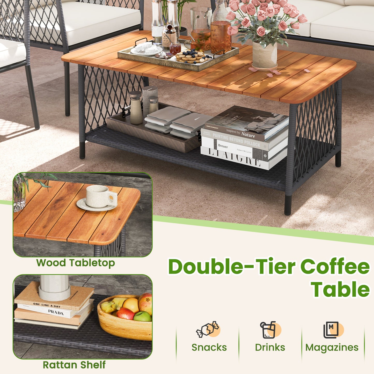 Ensemble de mobilier de patio en rotin 4 pièces, table basse à 2 niveaux, blanc