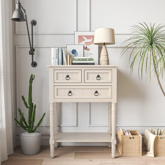 Narrow Console Table, 3 Drawers, Open Shelf, Beige