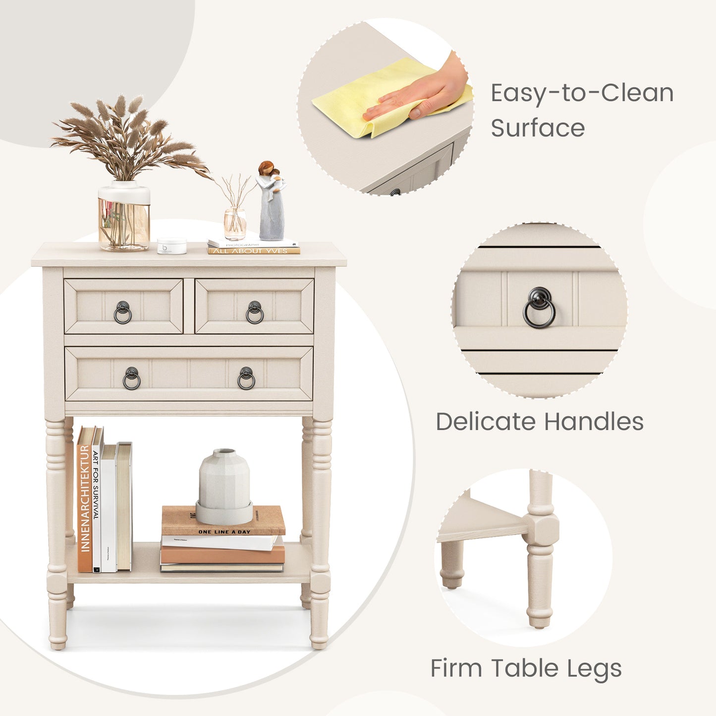 Narrow Console Table with 3 Storage Drawers and Open Bottom Shelf, Beige Console Tables at Gallery Canada